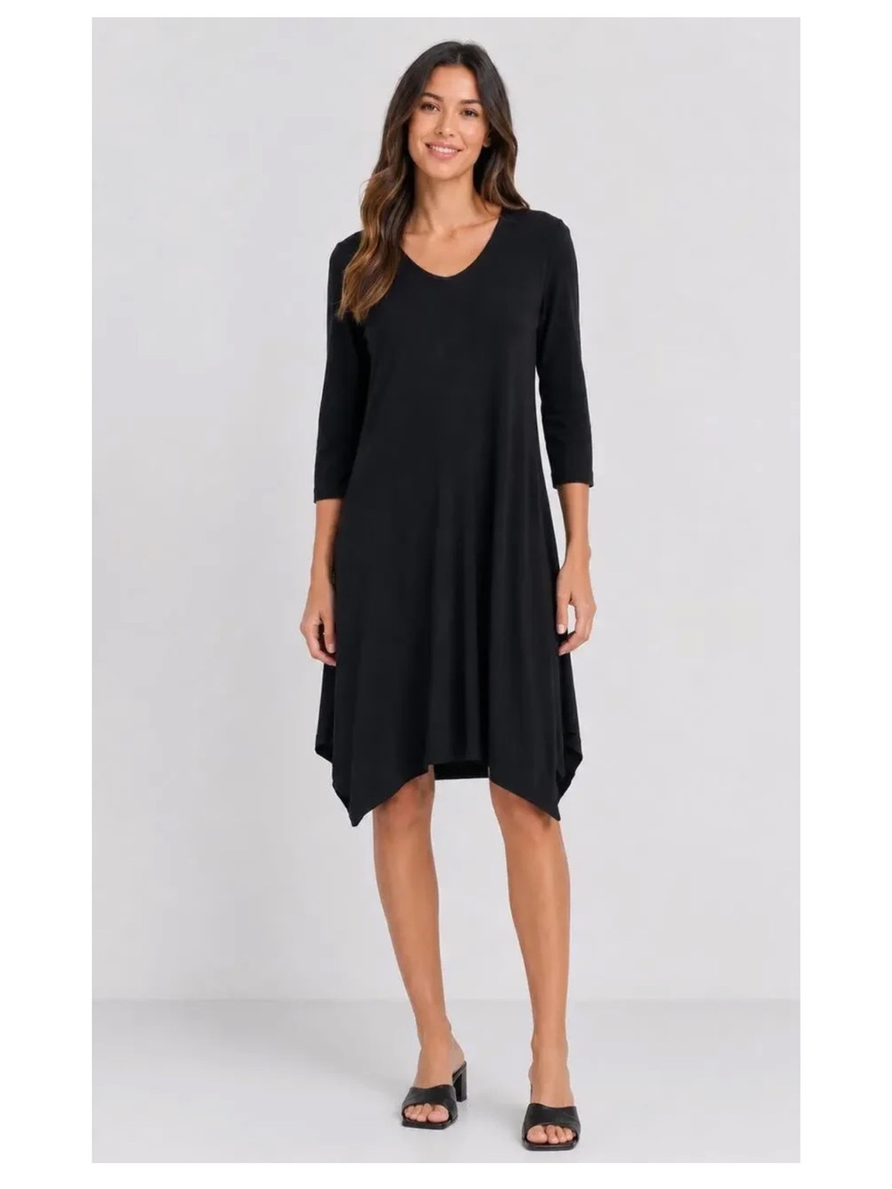 Eileen Fisher Asymmetrical 3/4 Sleeve Jersey Knit Dress SZ Small in Black
